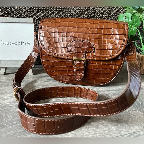 J. Crew Classic large saddle bag in Crocodile Embossed leather Cognac - Picture 1 of 13